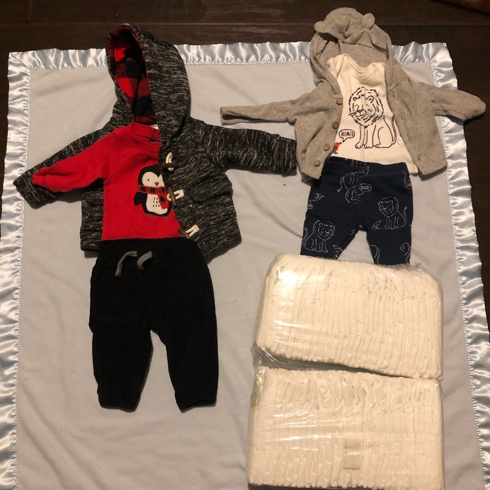 new born outfit and 3 months outfit with pampers